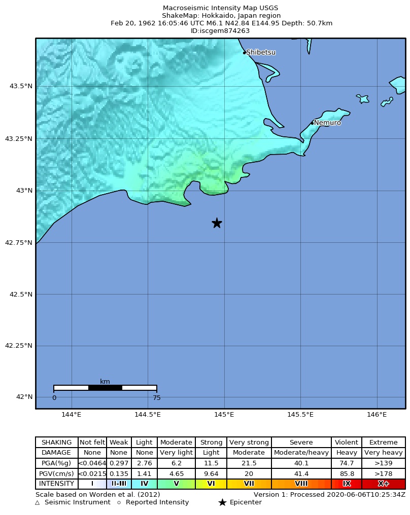 USGS ShakeMap: estimated shaking intensity around the epicenter