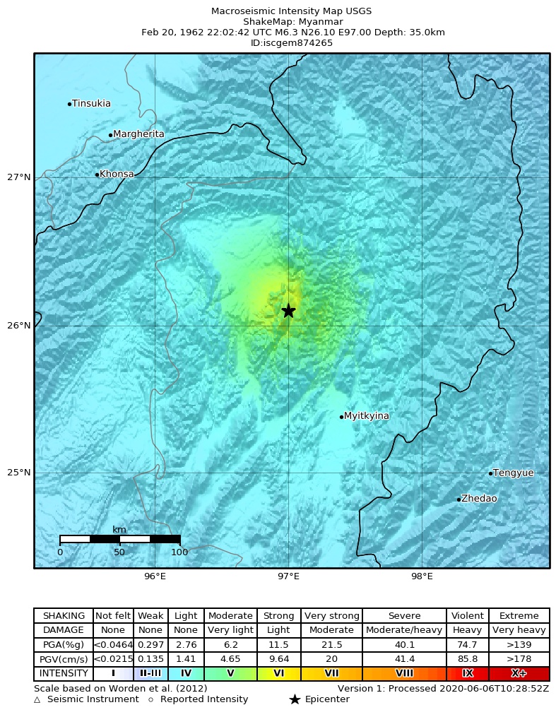 USGS ShakeMap: estimated shaking intensity around the epicenter