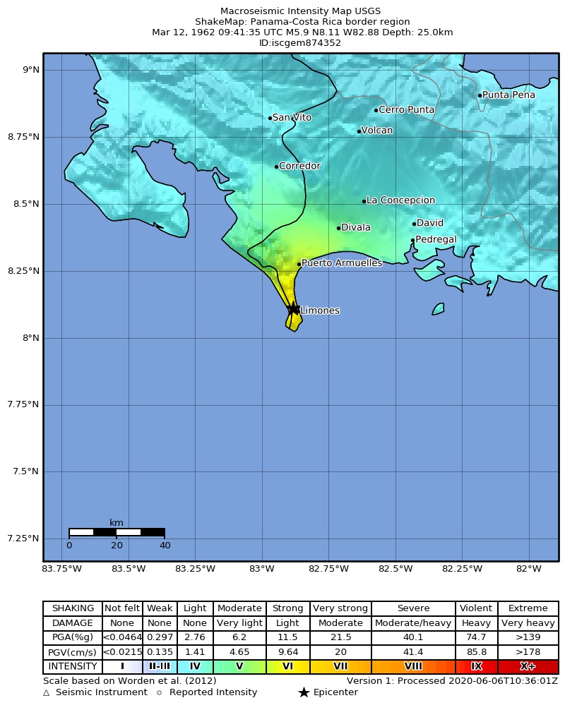 USGS ShakeMap: estimated shaking intensity around the epicenter
