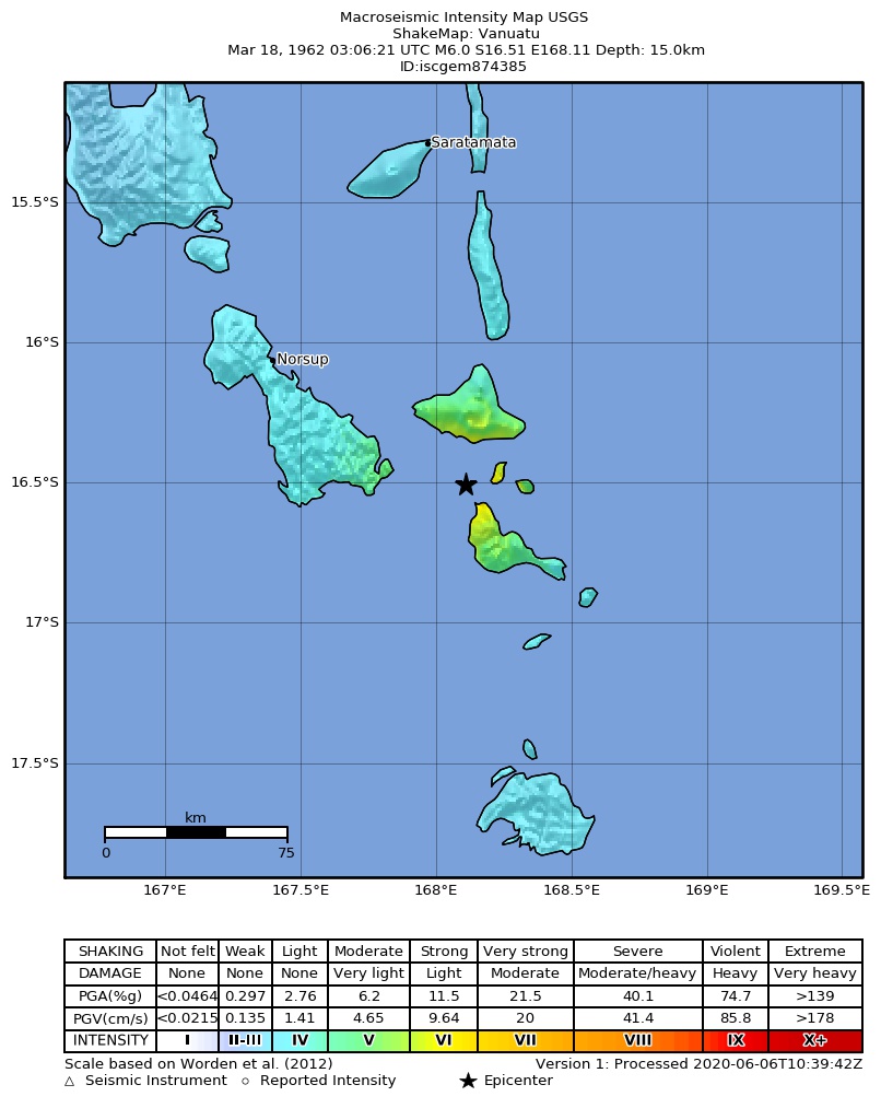 USGS ShakeMap: estimated shaking intensity around the epicenter