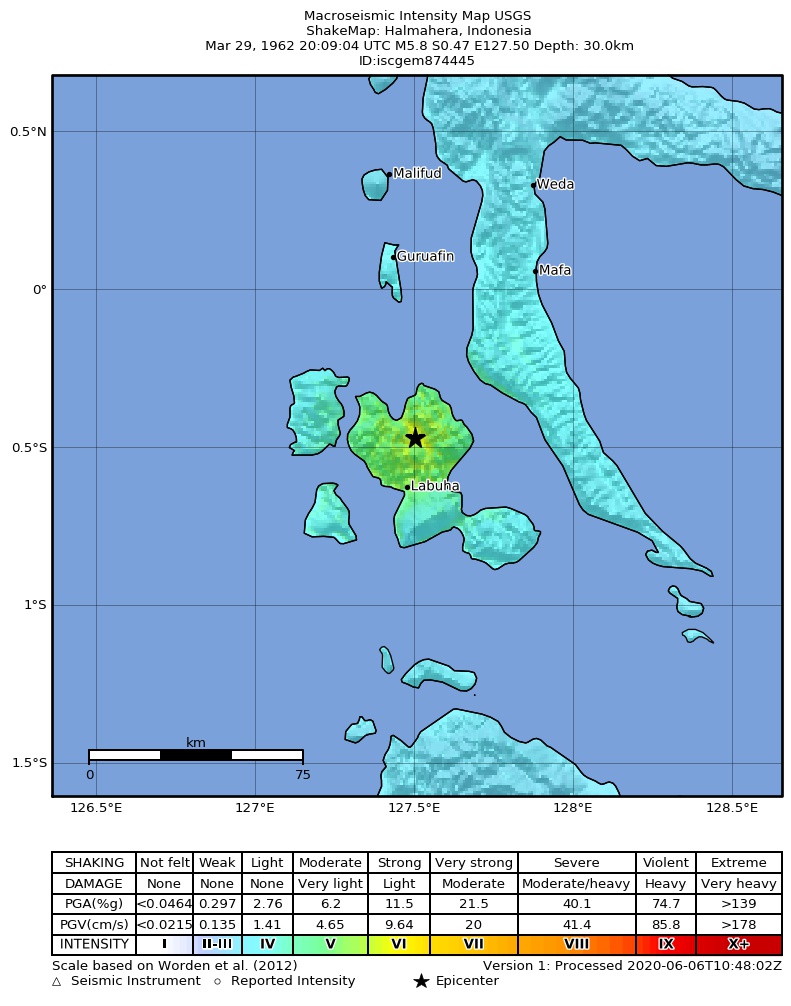 USGS ShakeMap: estimated shaking intensity around the epicenter