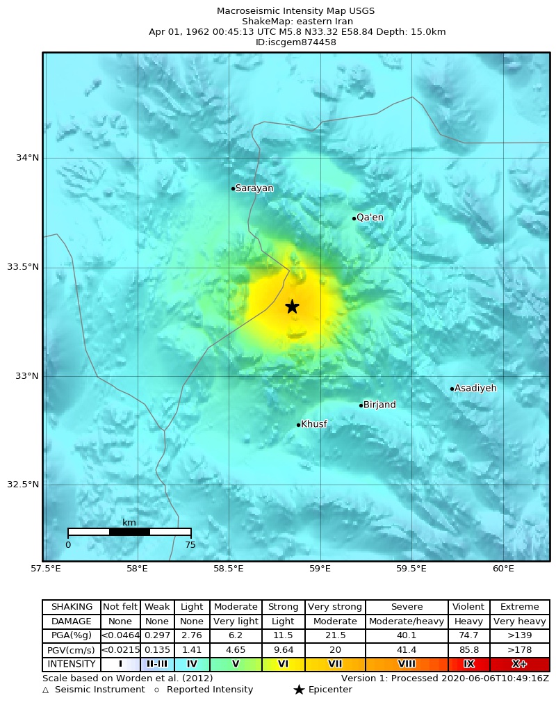 USGS ShakeMap: estimated shaking intensity around the epicenter