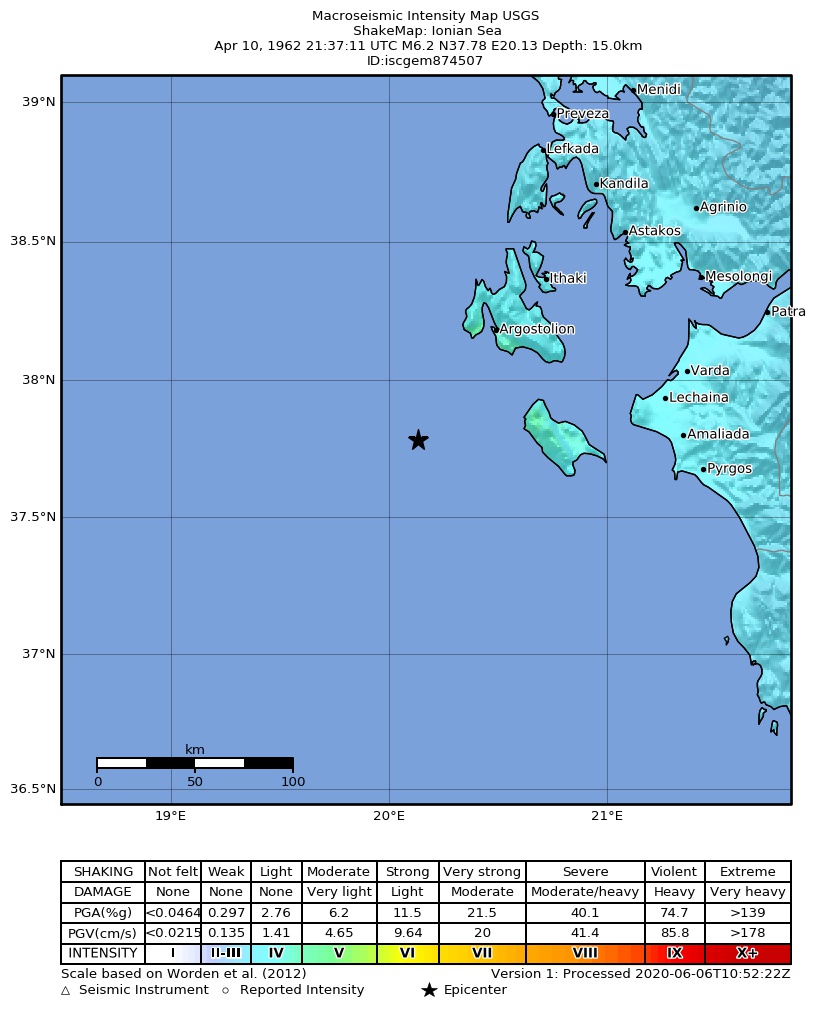 USGS ShakeMap: estimated shaking intensity around the epicenter