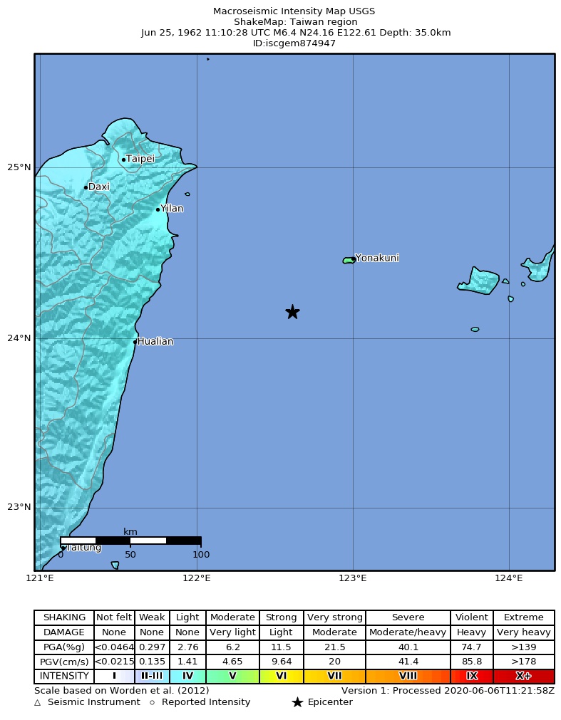 USGS ShakeMap: estimated shaking intensity around the epicenter