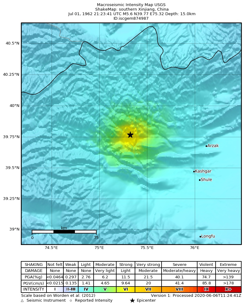USGS ShakeMap: estimated shaking intensity around the epicenter