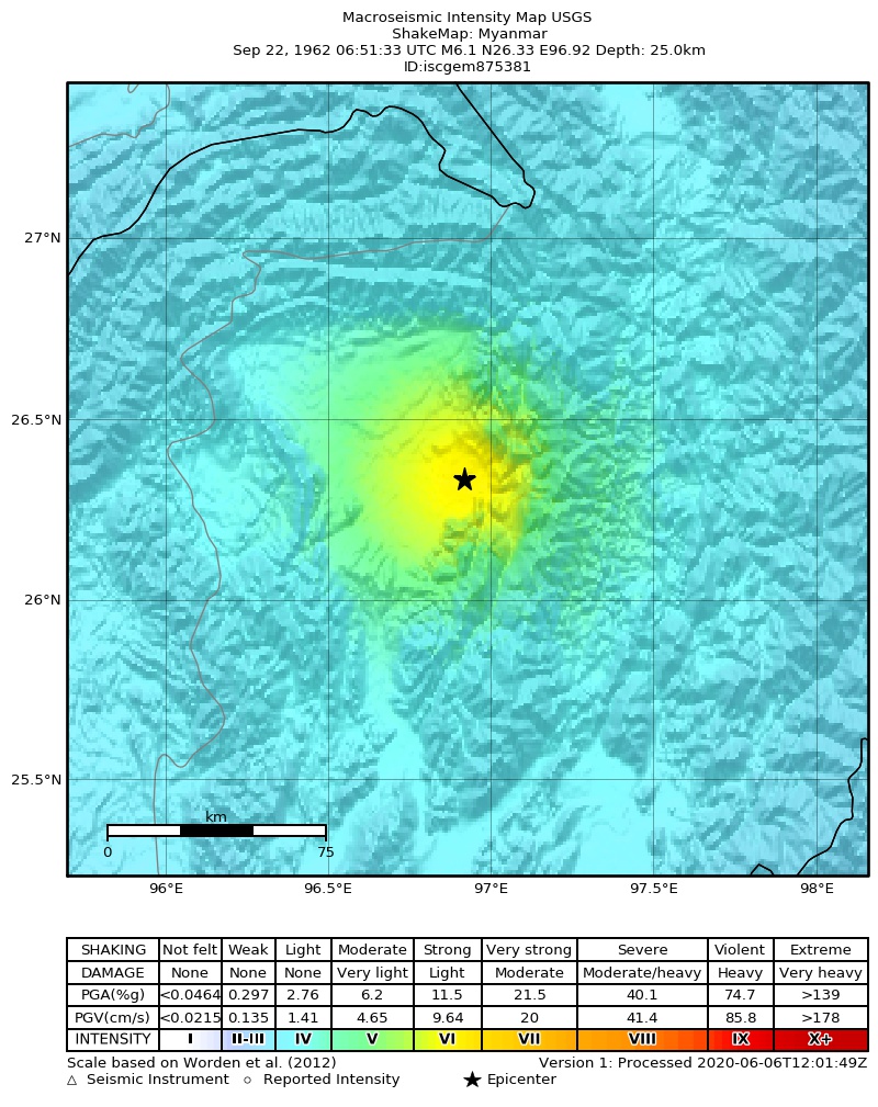 USGS ShakeMap: estimated shaking intensity around the epicenter