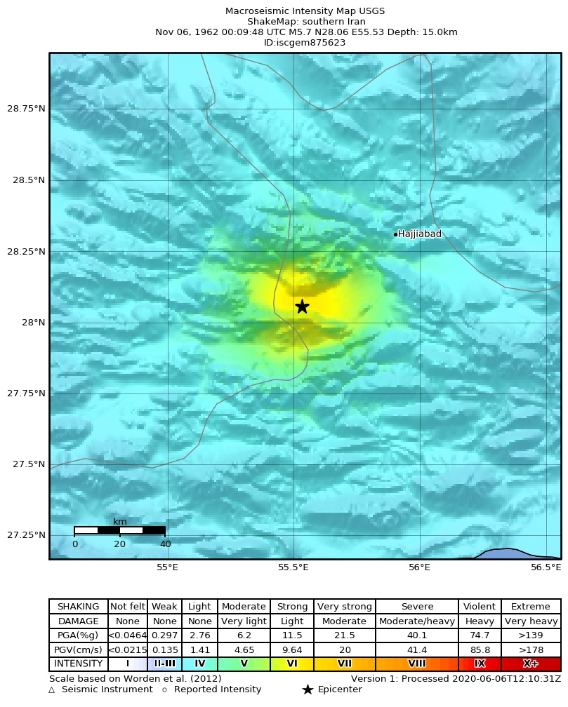 USGS ShakeMap: estimated shaking intensity around the epicenter