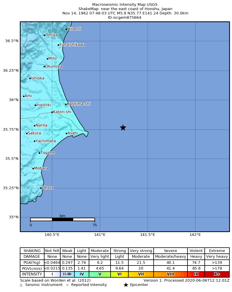 USGS ShakeMap: estimated shaking intensity around the epicenter