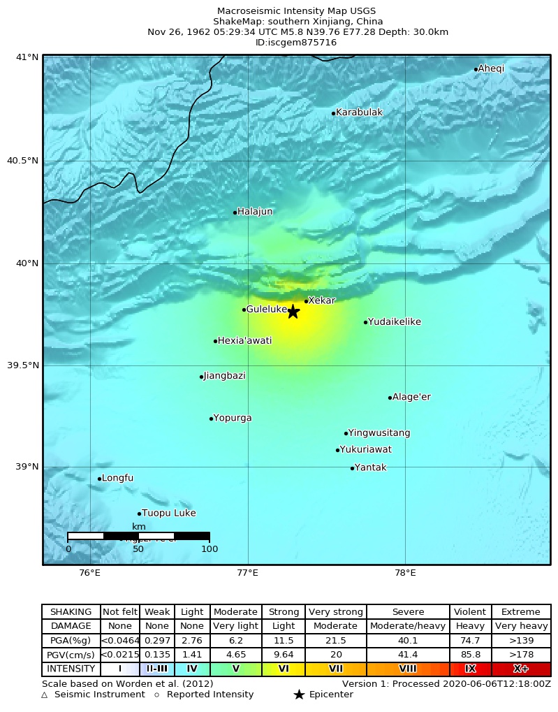 USGS ShakeMap: estimated shaking intensity around the epicenter
