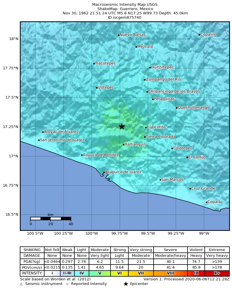 USGS ShakeMap: estimated shaking intensity around the epicenter