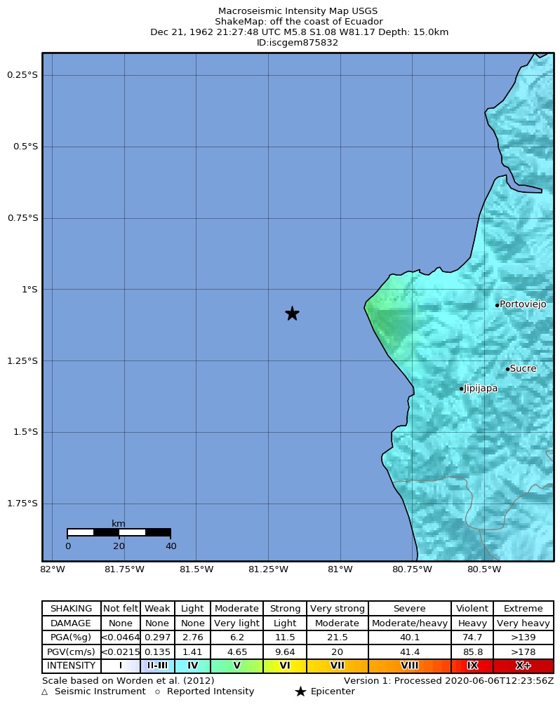 USGS ShakeMap: estimated shaking intensity around the epicenter