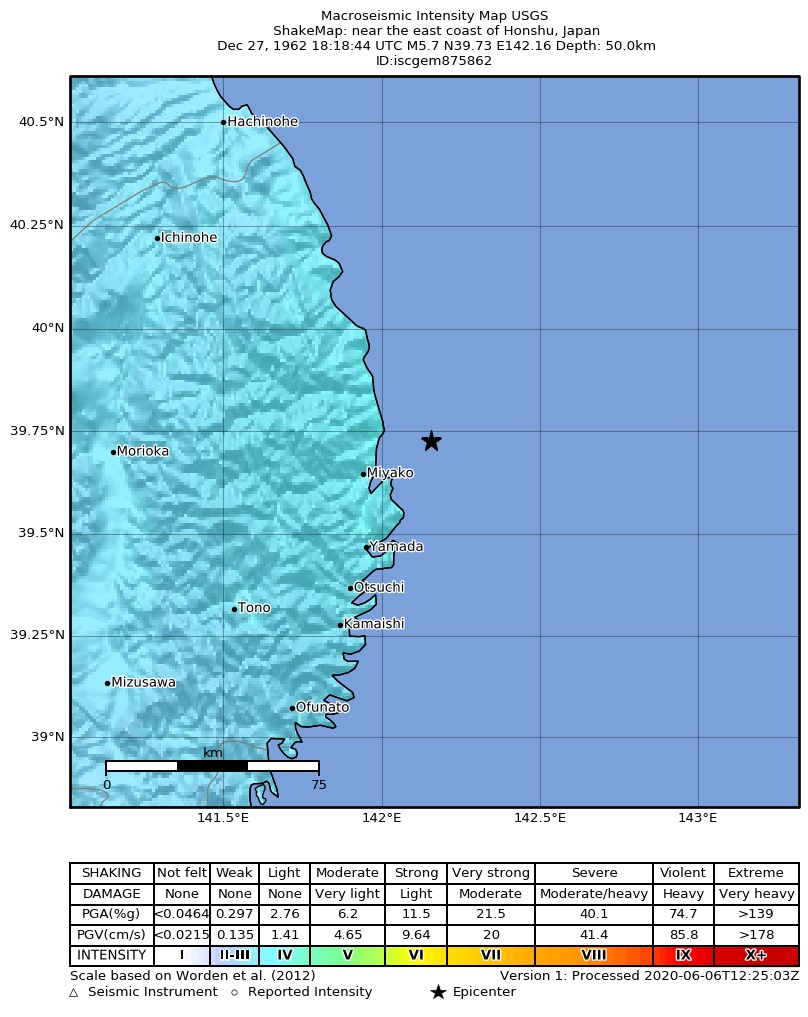 USGS ShakeMap: estimated shaking intensity around the epicenter