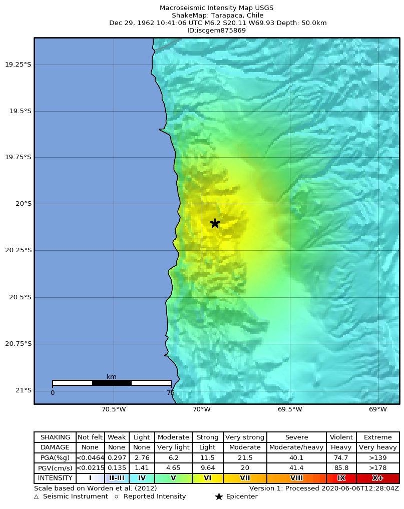 USGS ShakeMap: estimated shaking intensity around the epicenter