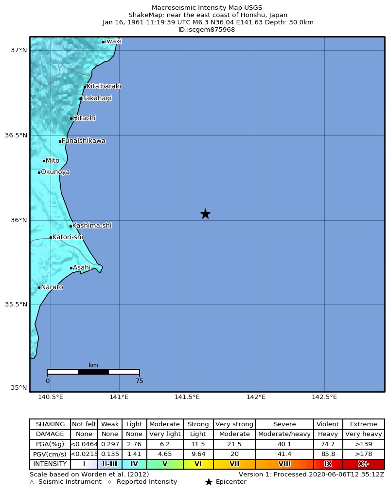 USGS ShakeMap: estimated shaking intensity around the epicenter