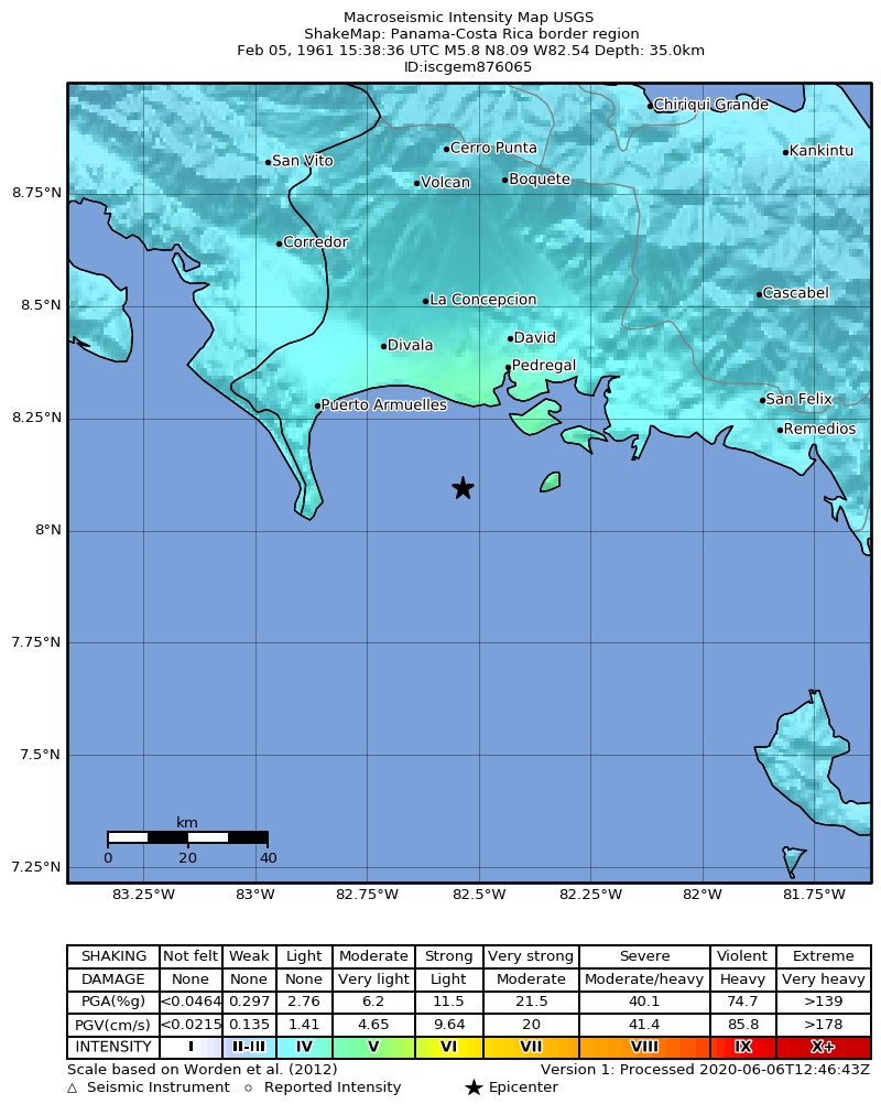 USGS ShakeMap: estimated shaking intensity around the epicenter