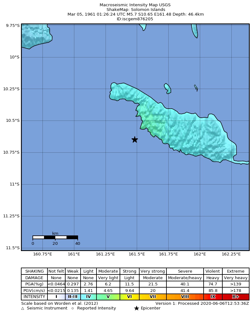 USGS ShakeMap: estimated shaking intensity around the epicenter