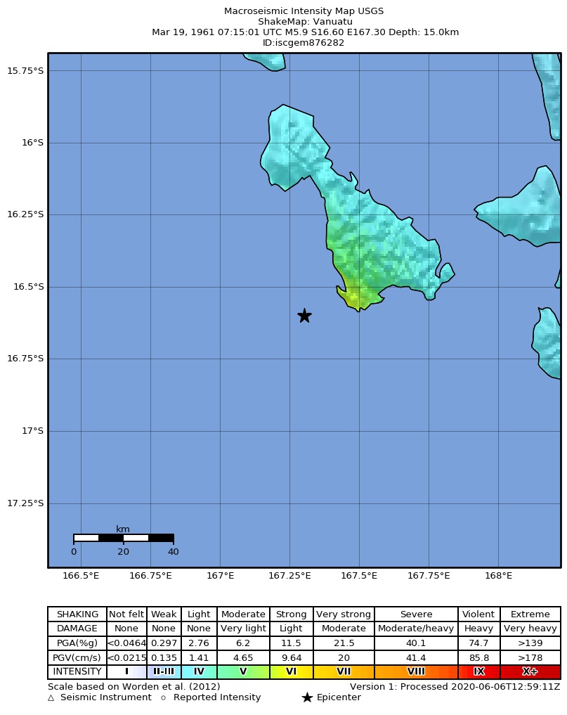 USGS ShakeMap: estimated shaking intensity around the epicenter