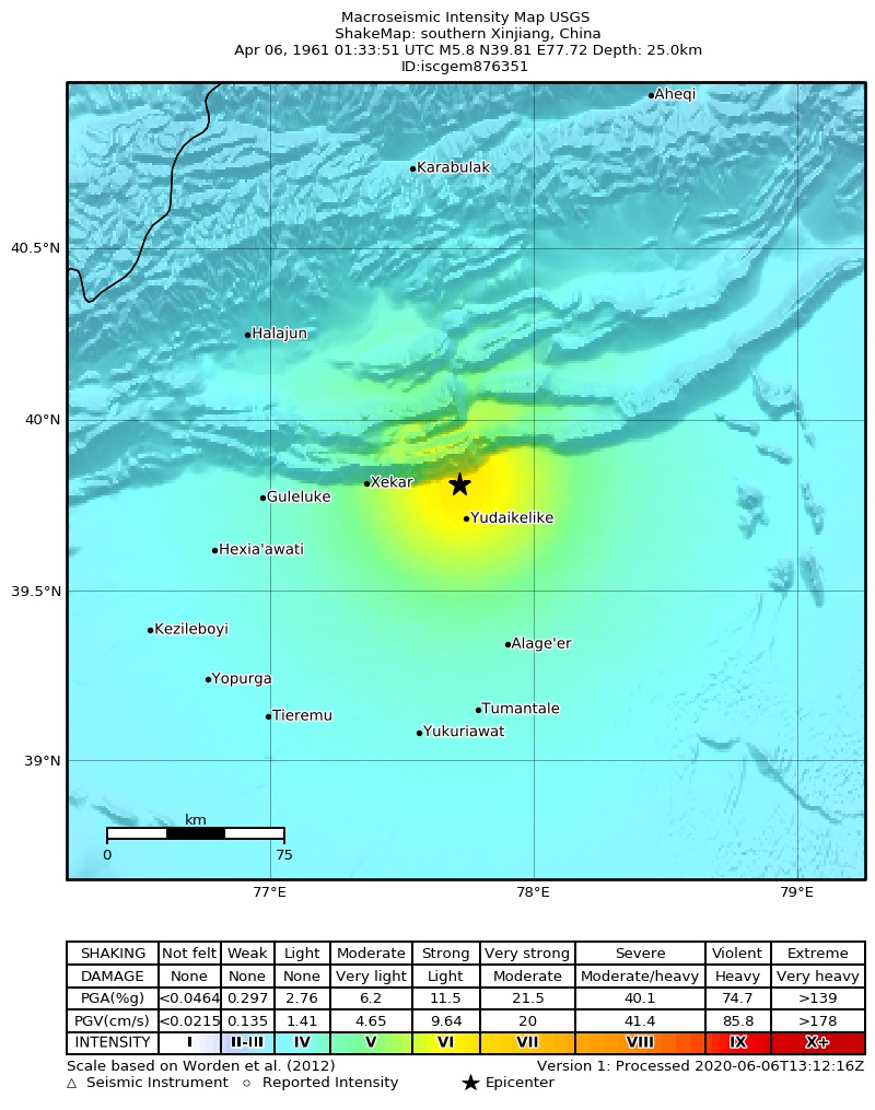 USGS ShakeMap: estimated shaking intensity around the epicenter