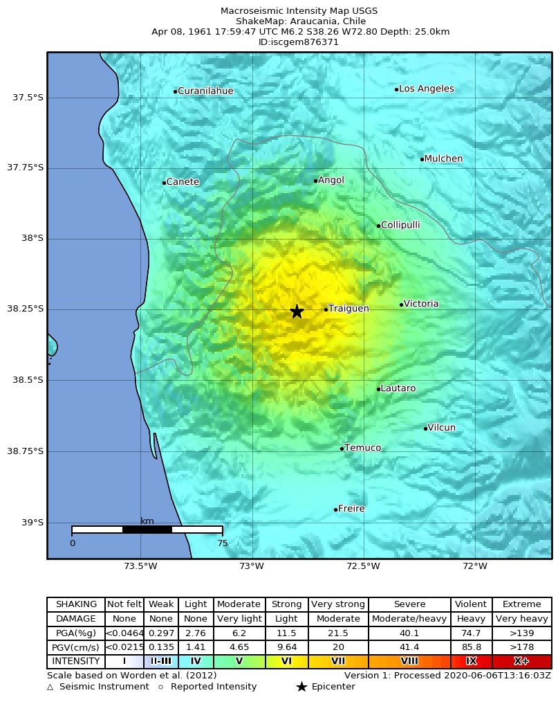 USGS ShakeMap: estimated shaking intensity around the epicenter