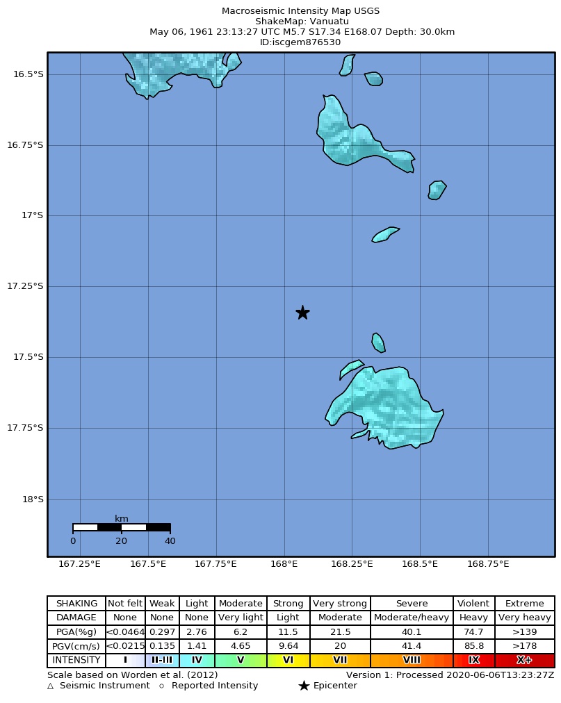USGS ShakeMap: estimated shaking intensity around the epicenter