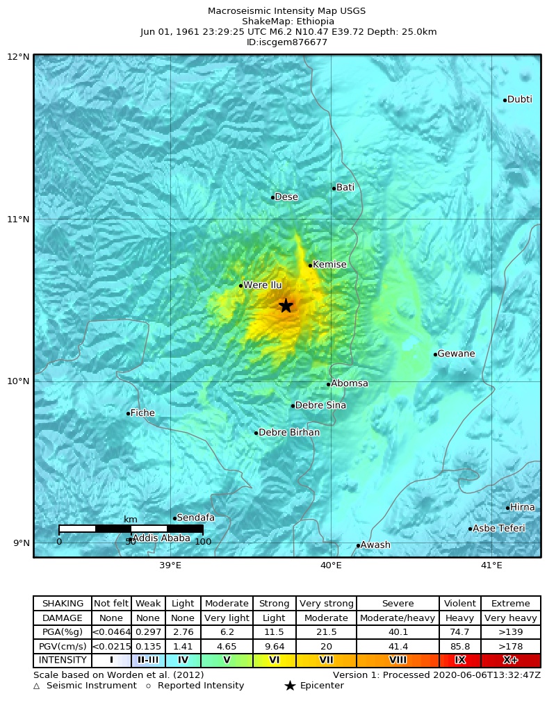 USGS ShakeMap: estimated shaking intensity around the epicenter