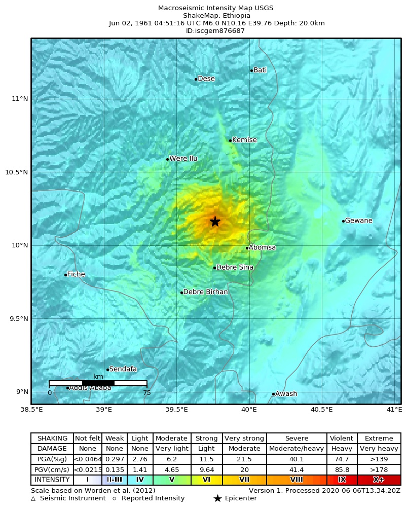 USGS ShakeMap: estimated shaking intensity around the epicenter