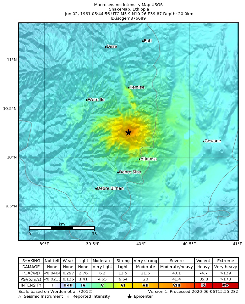 USGS ShakeMap: estimated shaking intensity around the epicenter