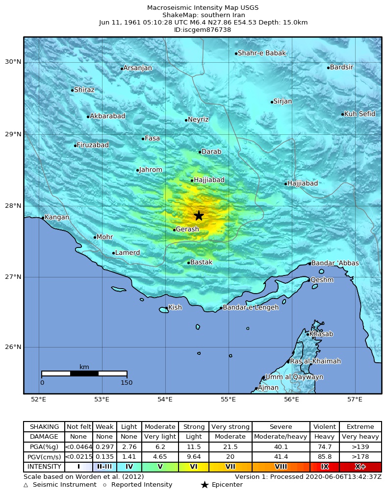 USGS ShakeMap: estimated shaking intensity around the epicenter