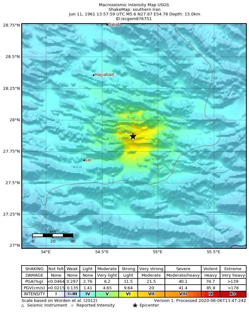 USGS ShakeMap: estimated shaking intensity around the epicenter