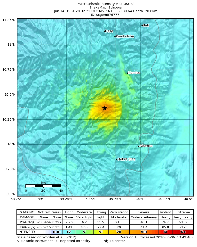 USGS ShakeMap: estimated shaking intensity around the epicenter