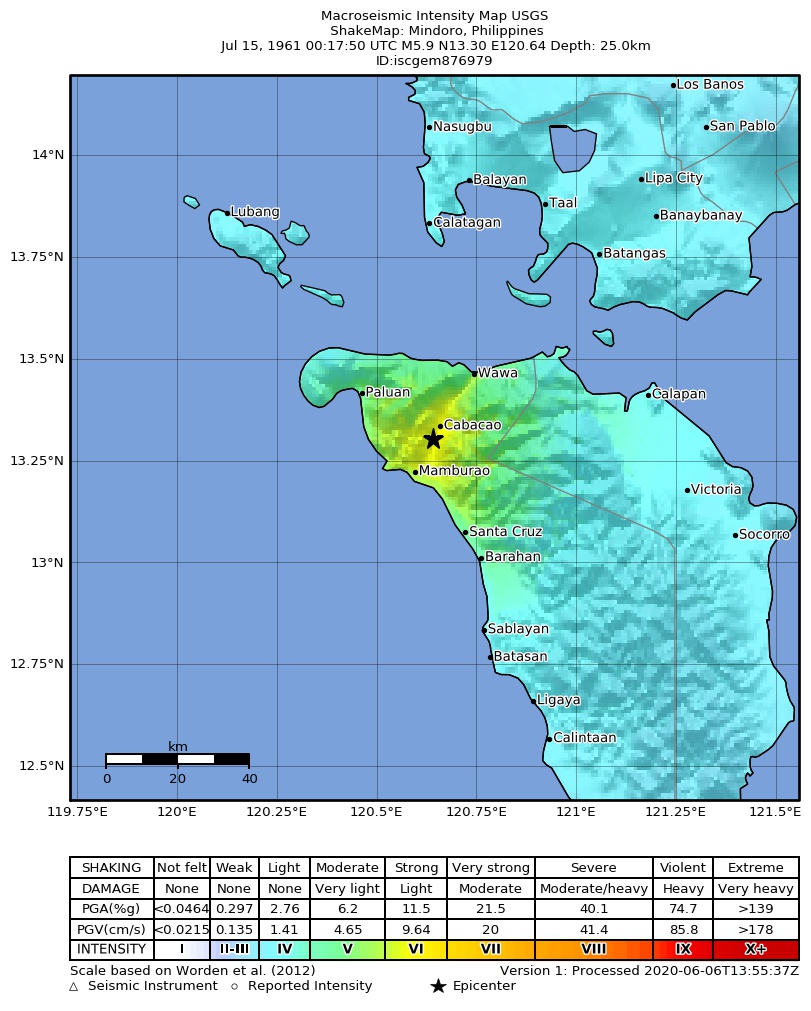 USGS ShakeMap: estimated shaking intensity around the epicenter
