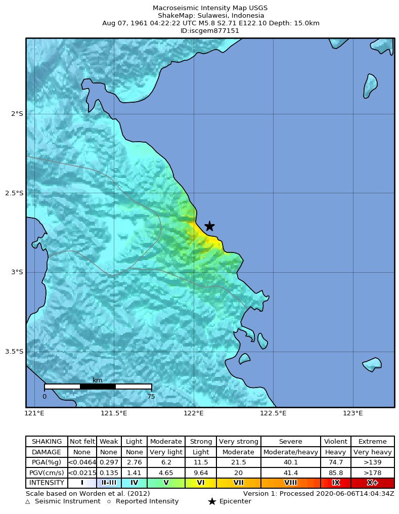 USGS ShakeMap: estimated shaking intensity around the epicenter