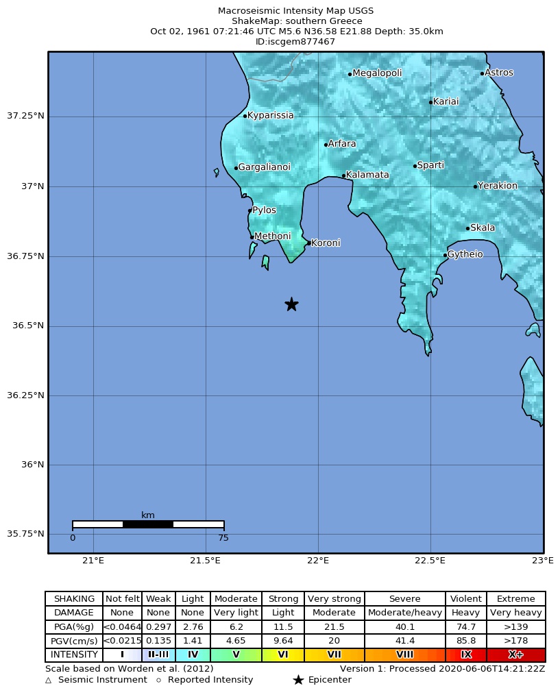 USGS ShakeMap: estimated shaking intensity around the epicenter