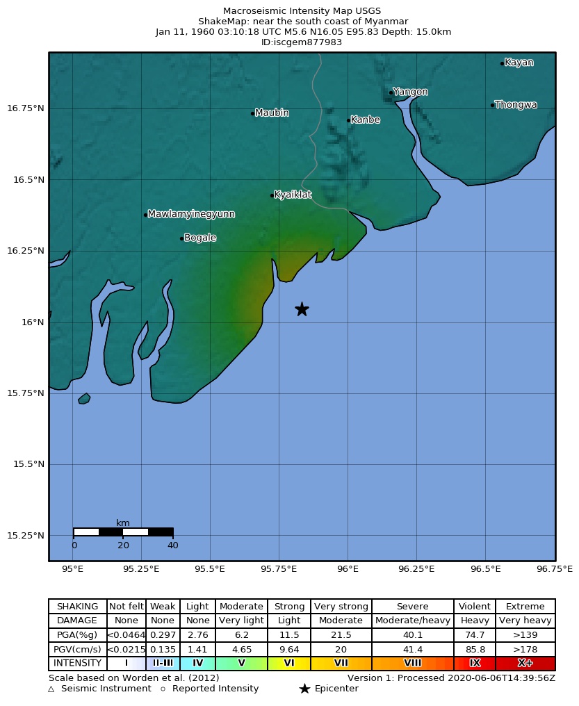 USGS ShakeMap: estimated shaking intensity around the epicenter