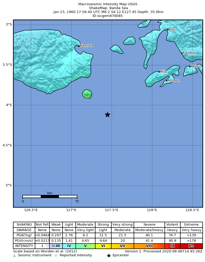 USGS ShakeMap: estimated shaking intensity around the epicenter