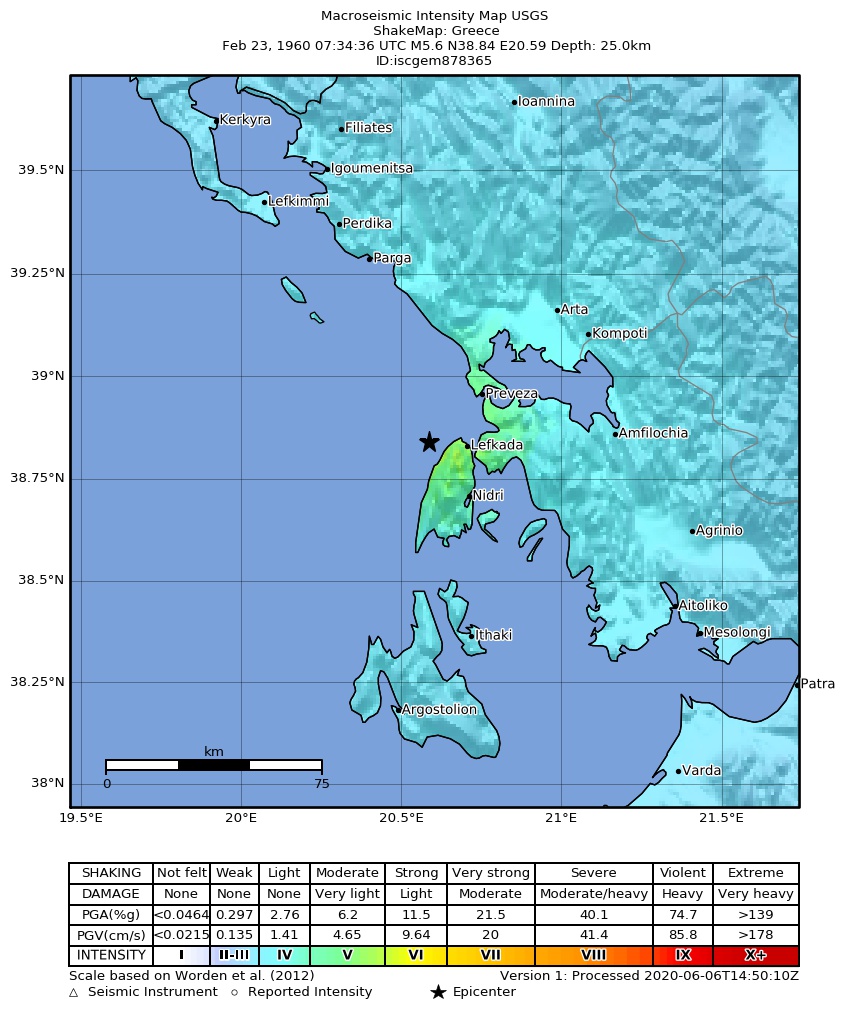 USGS ShakeMap: estimated shaking intensity around the epicenter