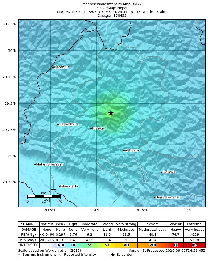 USGS ShakeMap: estimated shaking intensity around the epicenter