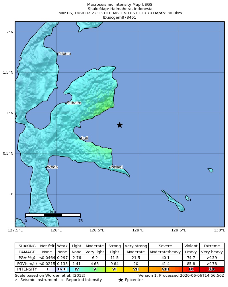USGS ShakeMap: estimated shaking intensity around the epicenter