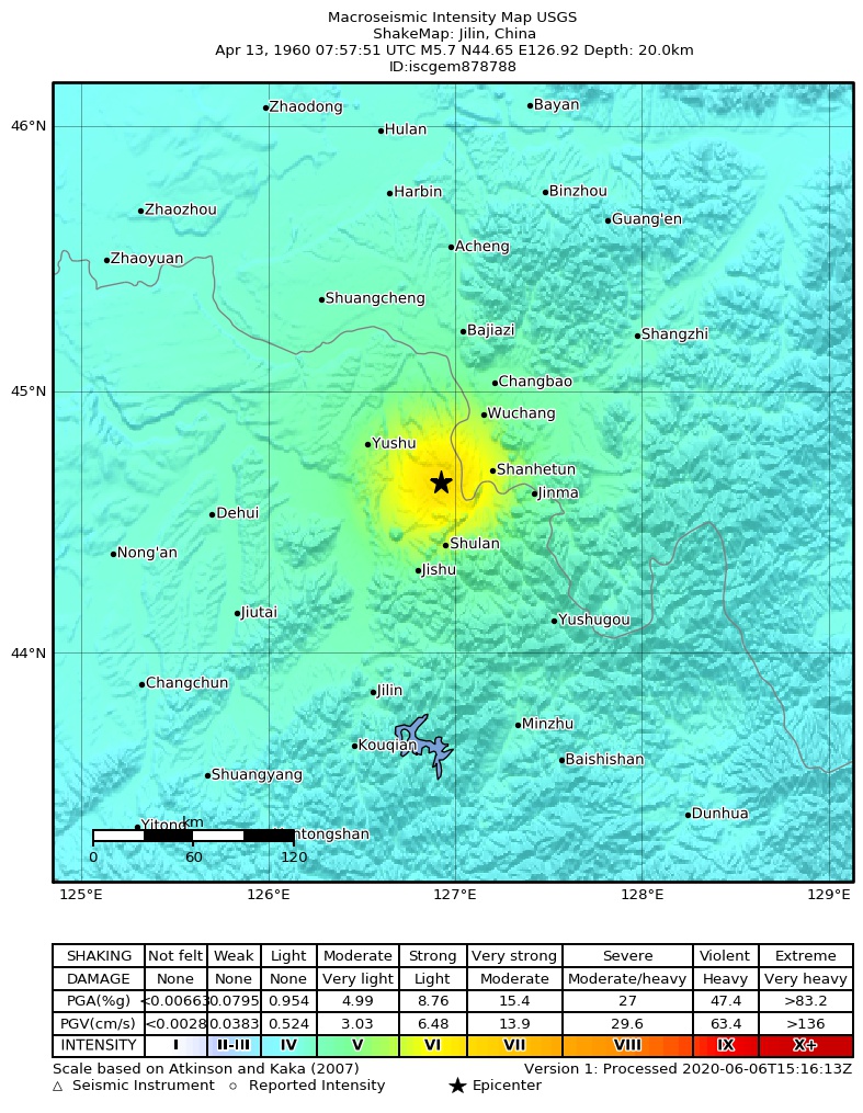 USGS ShakeMap: estimated shaking intensity around the epicenter