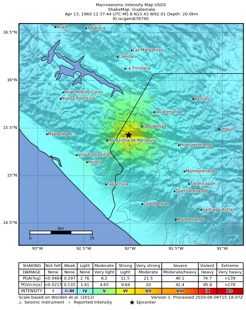 USGS ShakeMap: estimated shaking intensity around the epicenter
