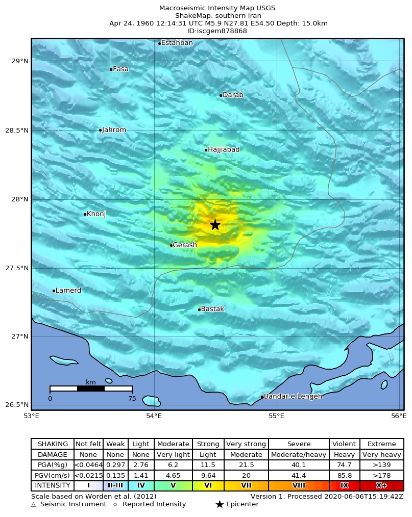 USGS ShakeMap: estimated shaking intensity around the epicenter