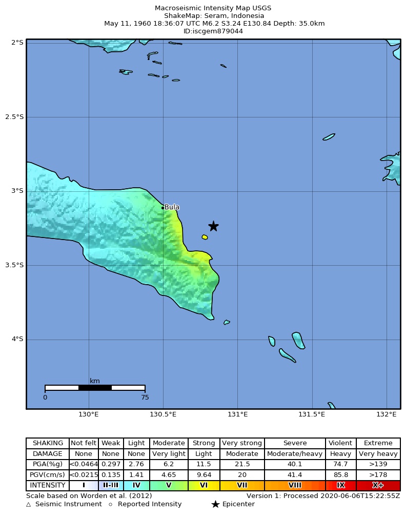 USGS ShakeMap: estimated shaking intensity around the epicenter