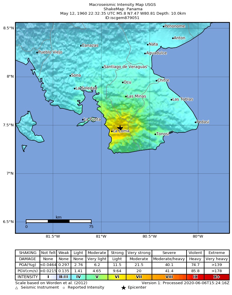 USGS ShakeMap: estimated shaking intensity around the epicenter