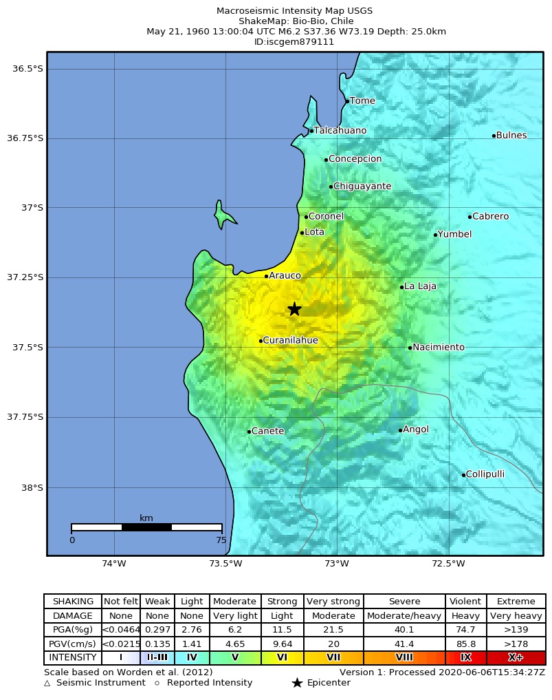 USGS ShakeMap: estimated shaking intensity around the epicenter