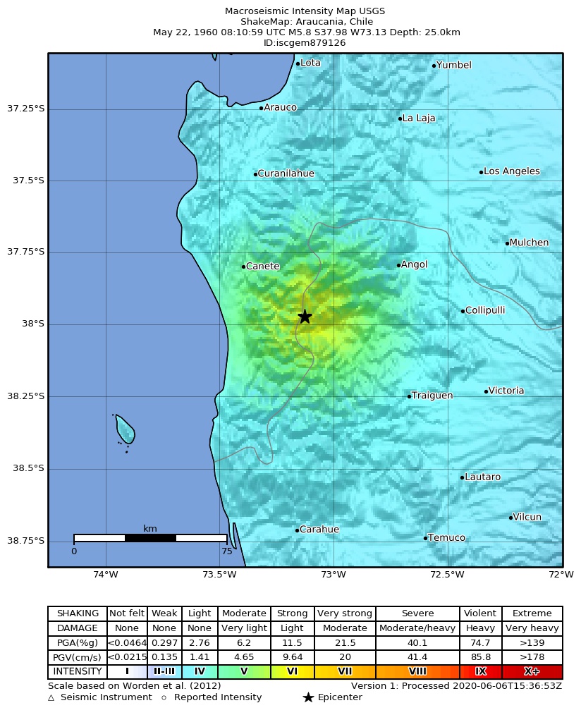 USGS ShakeMap: estimated shaking intensity around the epicenter