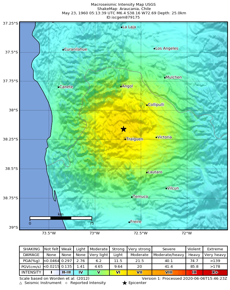 USGS ShakeMap: estimated shaking intensity around the epicenter