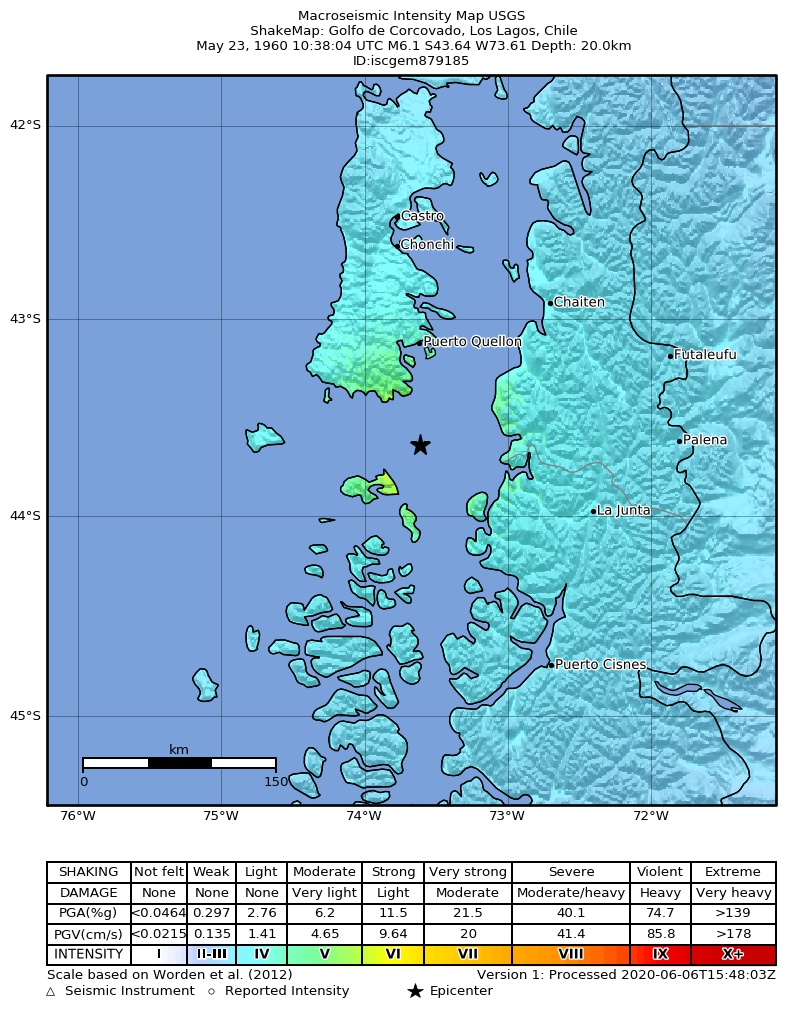 USGS ShakeMap: estimated shaking intensity around the epicenter