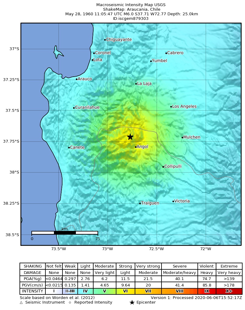 USGS ShakeMap: estimated shaking intensity around the epicenter