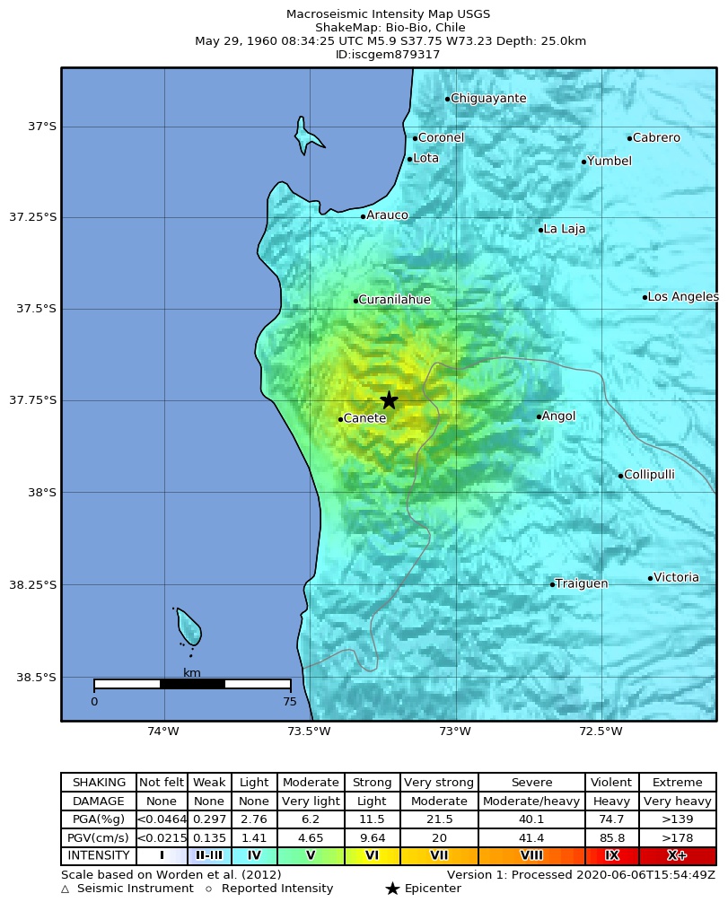 USGS ShakeMap: estimated shaking intensity around the epicenter