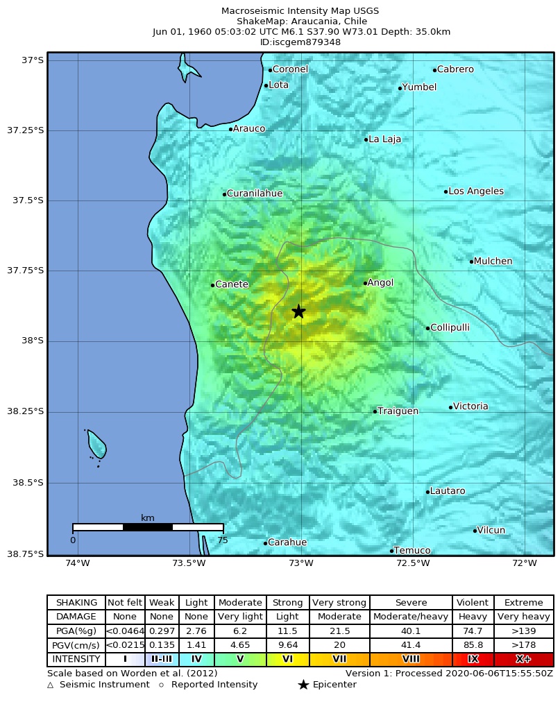 USGS ShakeMap: estimated shaking intensity around the epicenter